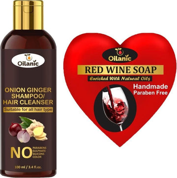 Oilanic Premium Onion Ginger Shampoo 100 ml and Red Wine Soap 100 gm, Combo Pack of 2